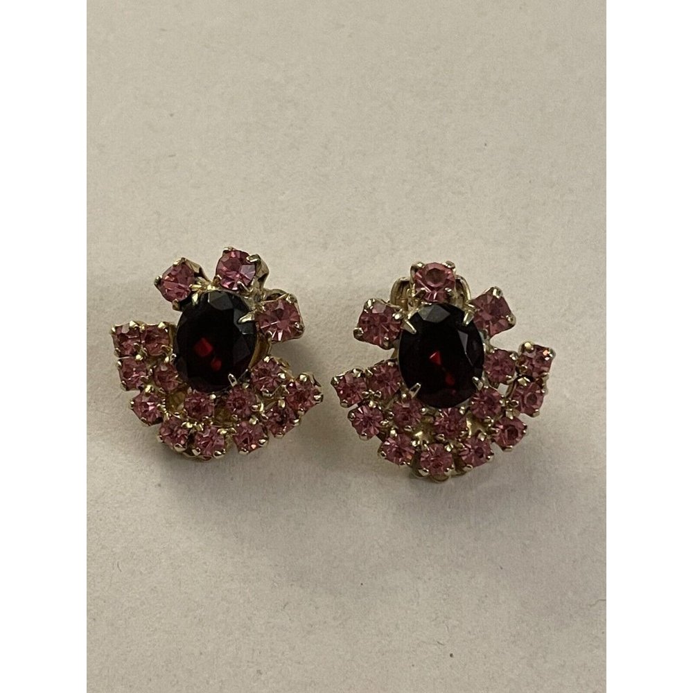 Vintage Clip On Earrings Pink Stones Pretty J5